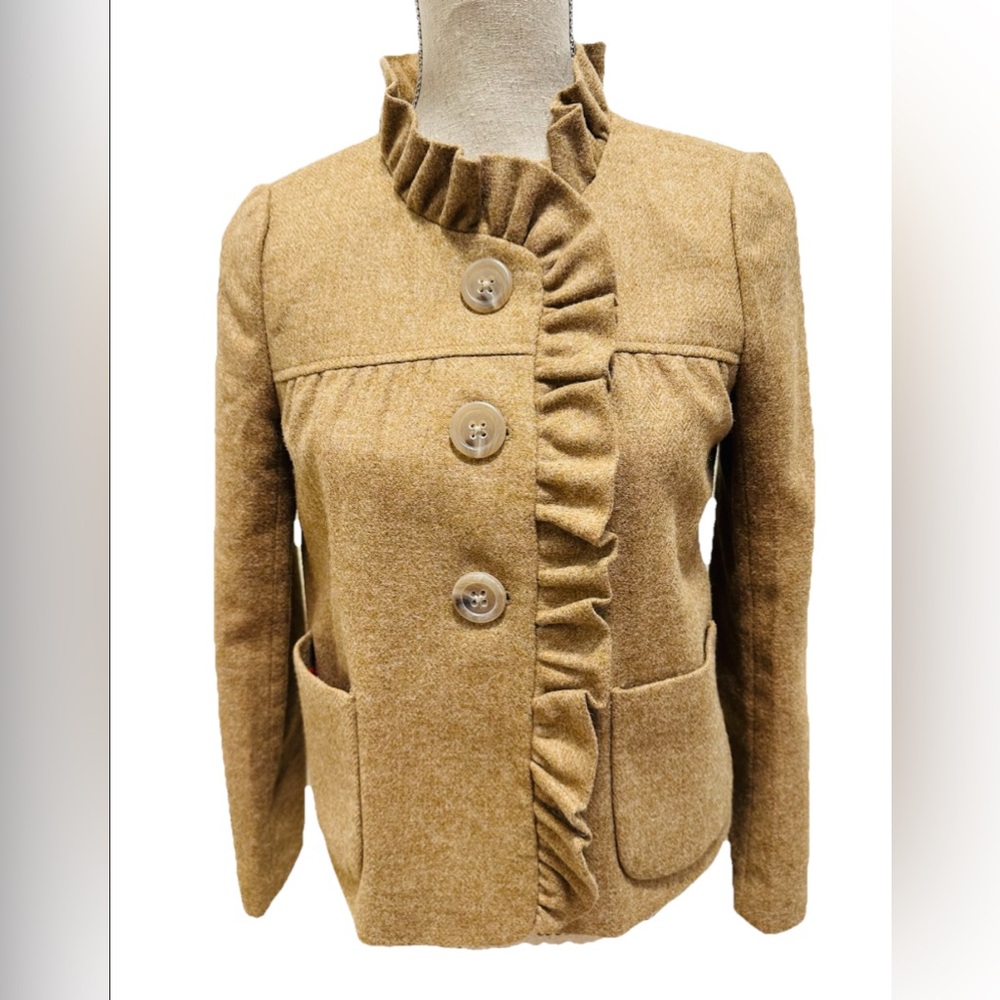JCrew Blazer Jacket Tan Ruffled Trim 0 Wool Lined Preppy Y2K Classic Career